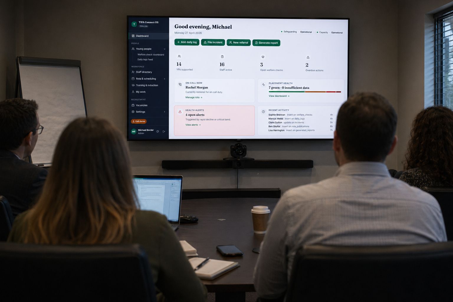 A meeting room with TIFA Connect dashboard displayed on a wall screen for commissioner review