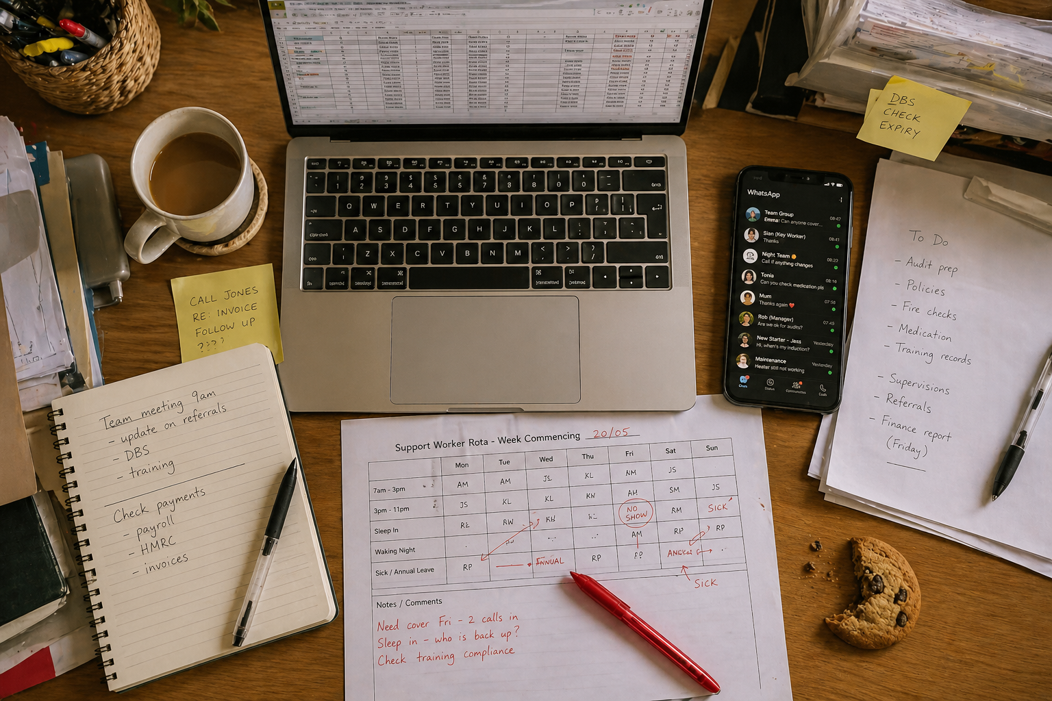 A cluttered desk with laptop, phone, notebook and rota print-out