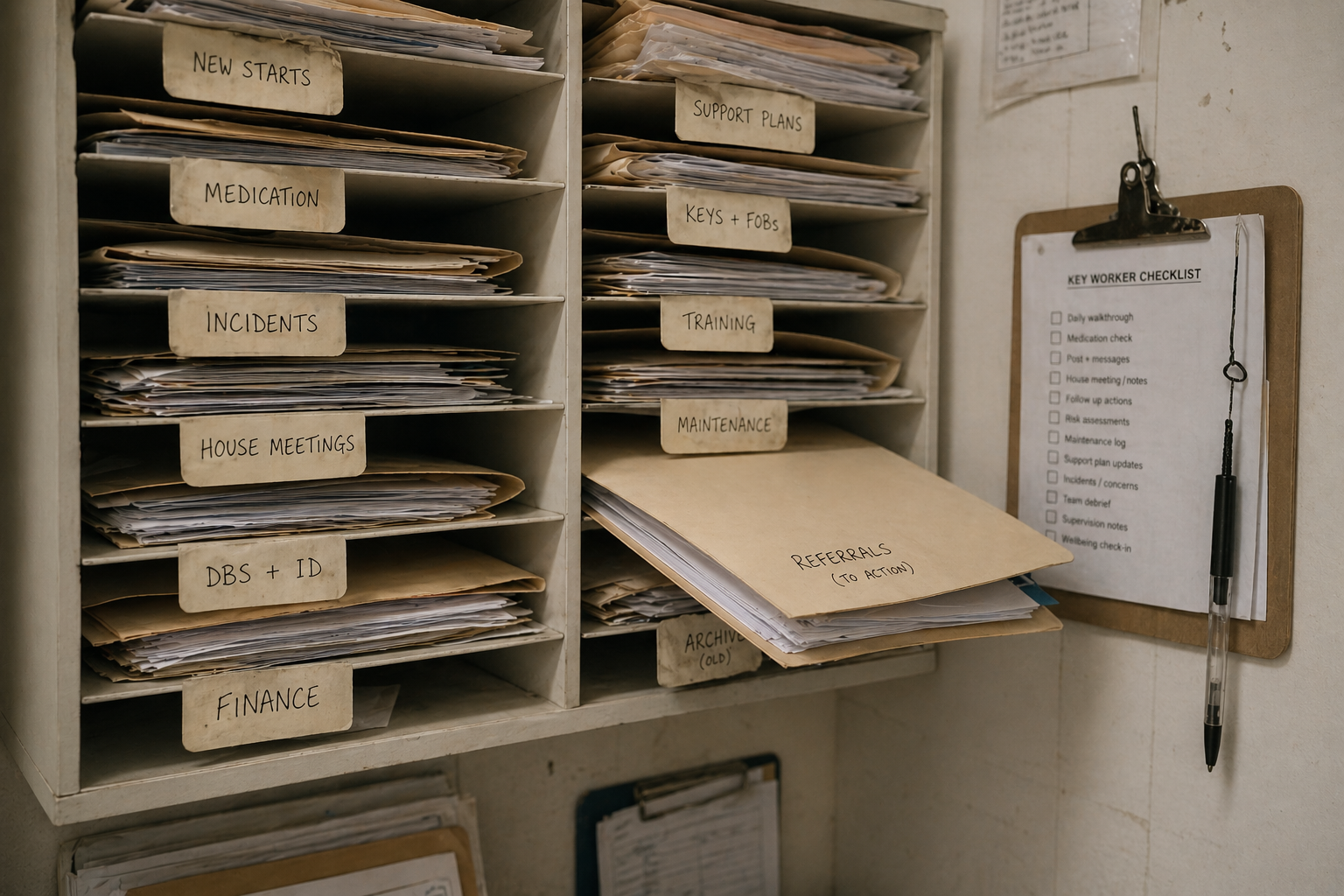 Manilla folders in a wall-mounted shelf system labelled by category