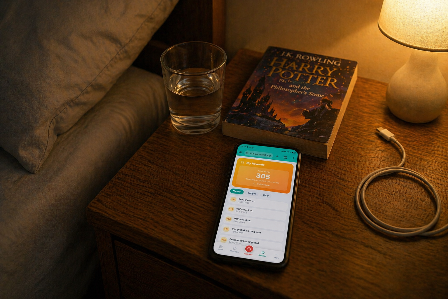 A bedside table at night with a phone showing the TIFA YP daily check-in screen
