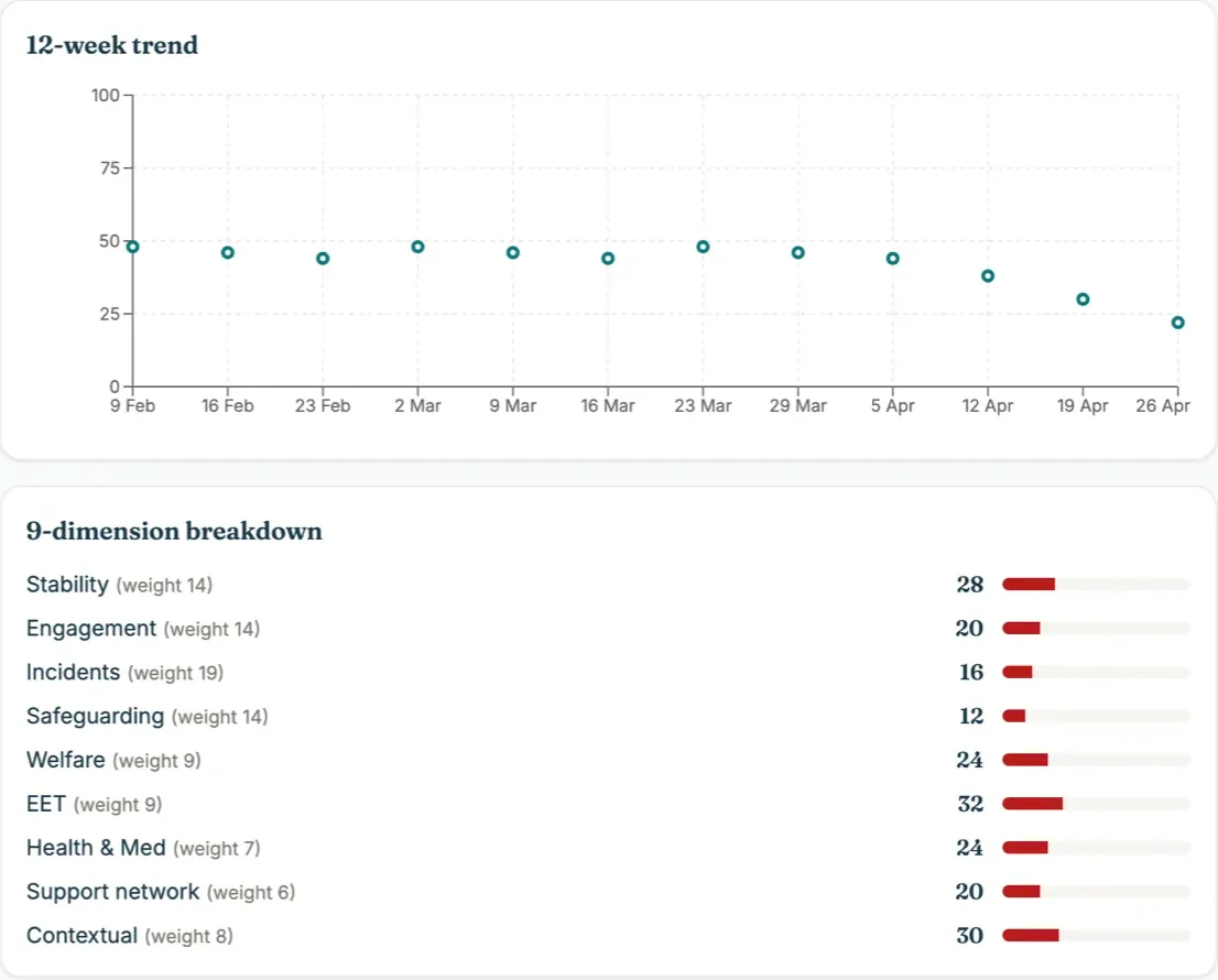 Placement Health Score for one placement: the score over twelve weeks and the nine weighted measures behind it