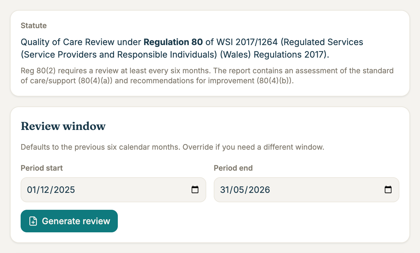 Welsh Reg 80 review generator showing the Welsh Statutory Instrument 2017/1264 citation and the review window selector