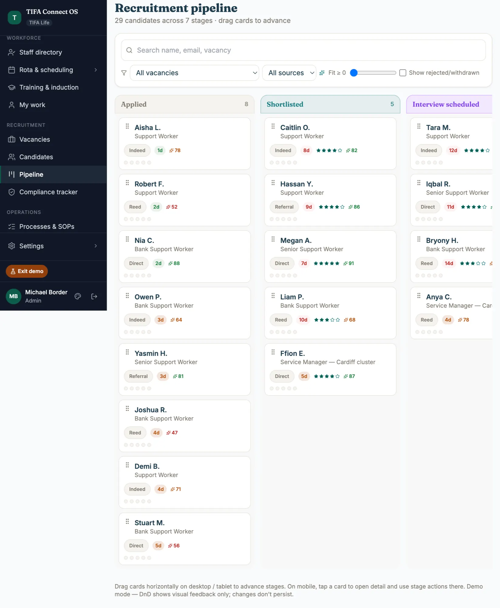 ATS pipeline focused on the entry of the funnel. Applied and Shortlisted columns. Showing source tracking (Indeed, Reed, NHS Jobs, Direct, Referral) and days-in-stage badges that turn amber after 3 days and red after 7.