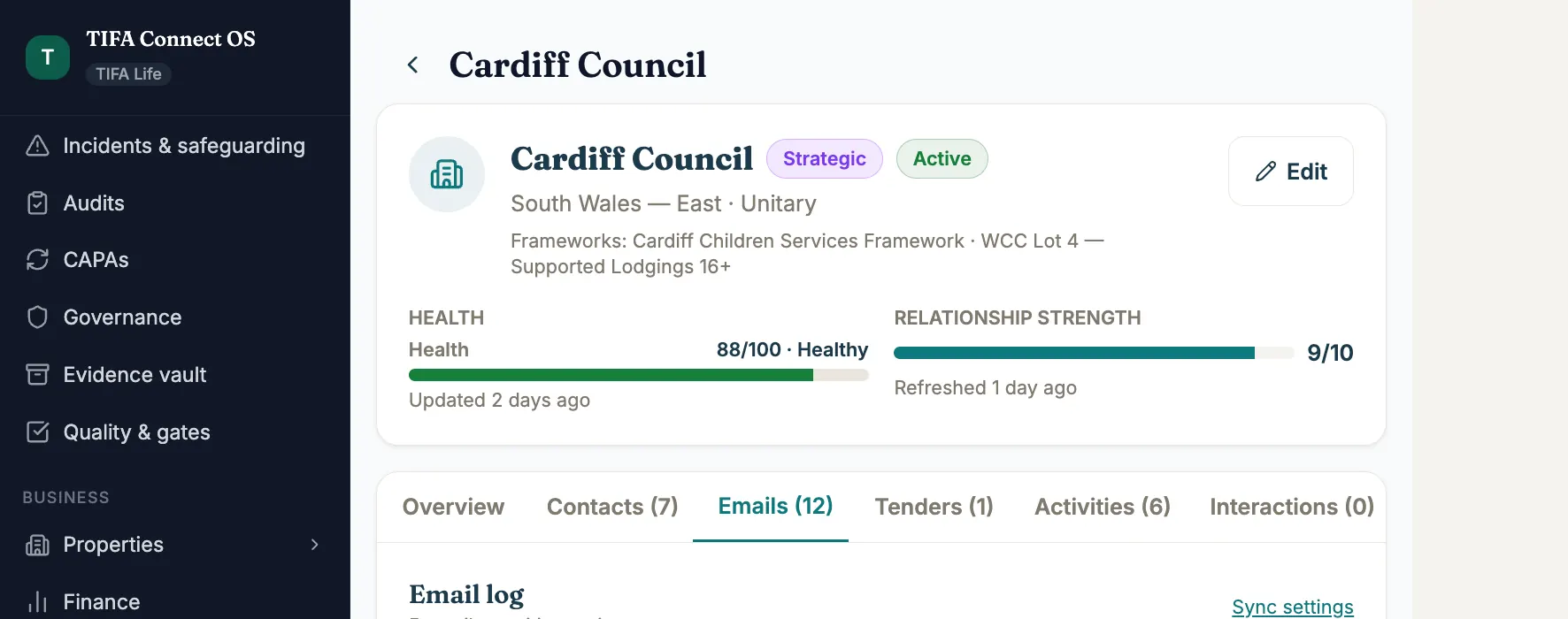 Cardiff Council email log header showing 5 emails awaiting action, with the first three threads visible. EDT overnight referral, Q2 QBR agenda, risk assessment for a UASC male. Each with AI category and sentiment tags. Click to view full email history.