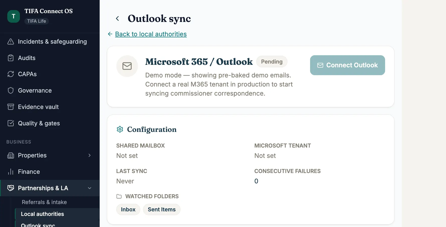 M365 Outlook sync admin view. Top portion showing the heading, KPI tiles (36 emails logged across 8 LAs, 14 action emails surfaced, 6 referrals AI-classified), and the start of the per-LA sync table. Click to view full admin.
