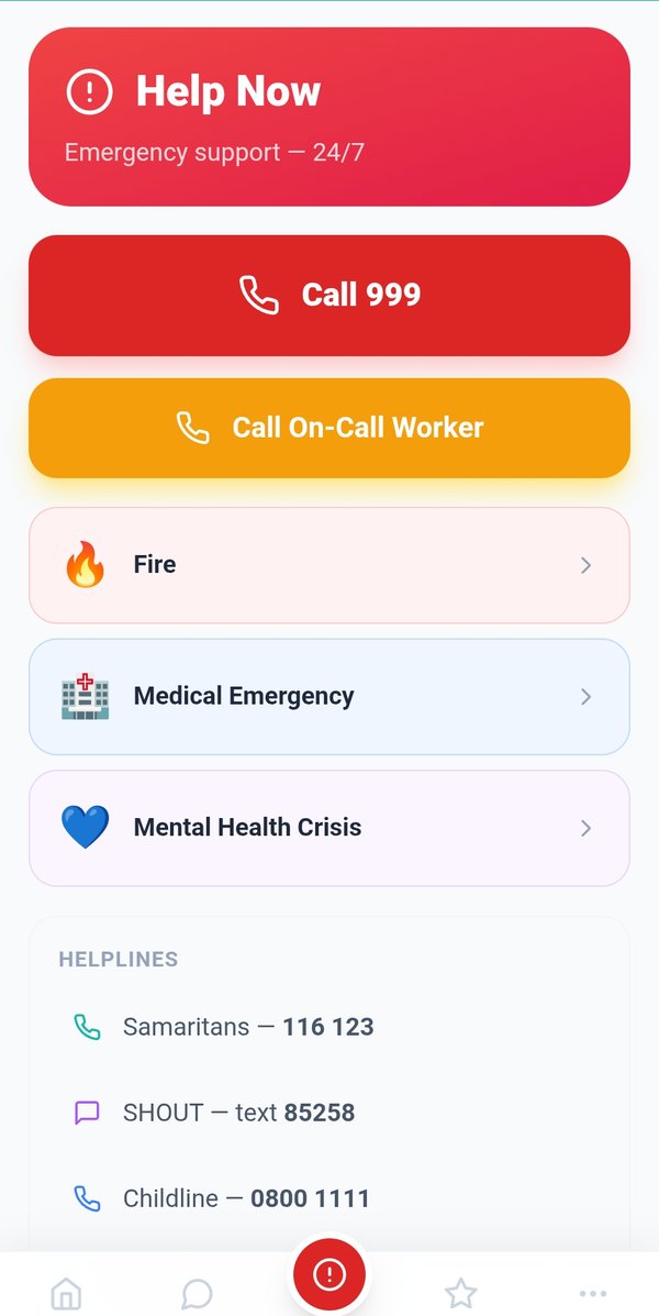 Help Now emergency support screen with Call 999, Call On-Call Worker, Fire, Medical Emergency, Mental Health Crisis buttons, plus Samaritans, SHOUT and Childline helpline numbers