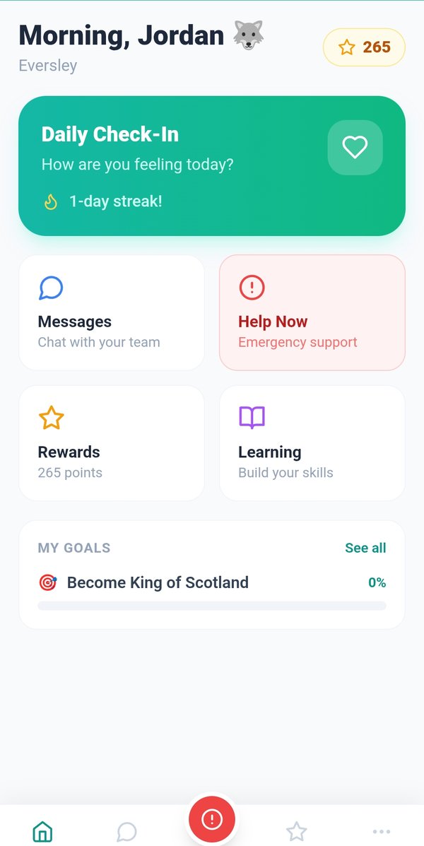 TIFA YP app home screen showing daily check-in, points balance, messages, rewards, learning and personal goals