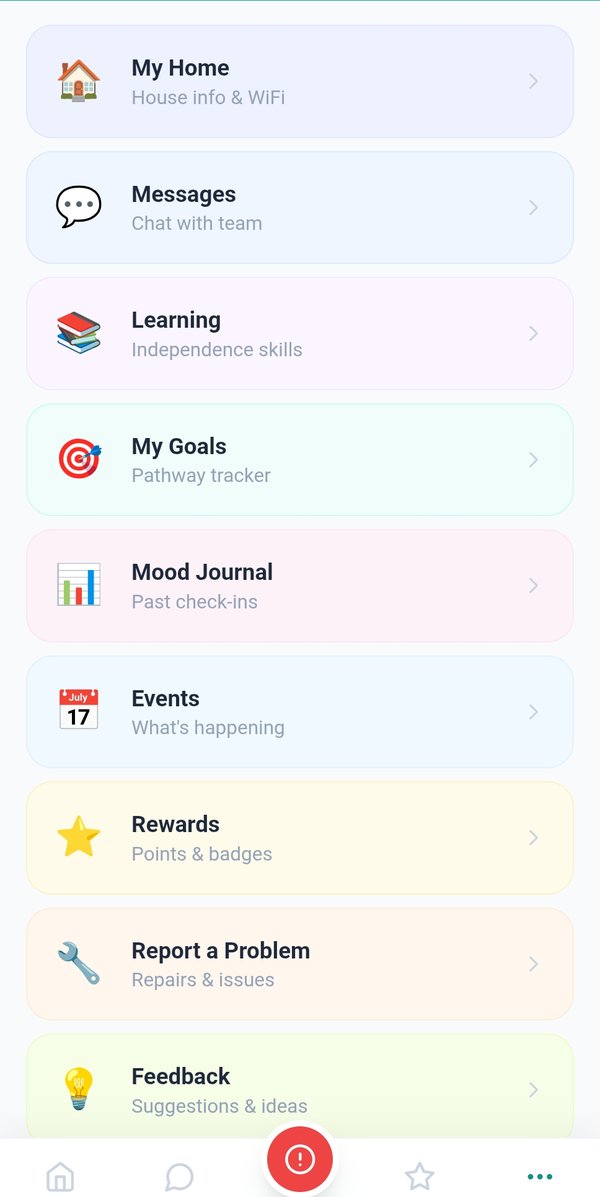 TIFA YP main menu listing My Home, Messages, Learning, My Goals, Mood Journal, Events, Rewards, Report a Problem and Feedback