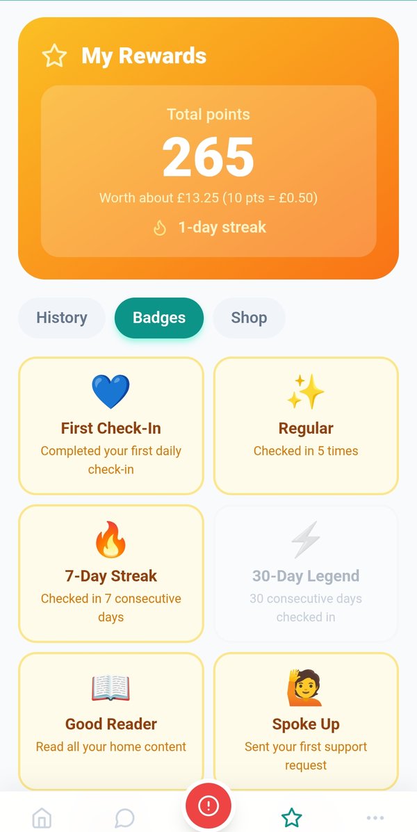 My Rewards screen showing 265 total points worth about thirteen pounds, with badges